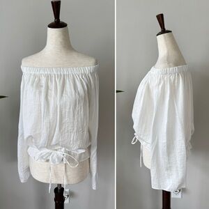 Theory White Off-Shoulder Blouse with Tie Waist Detail
